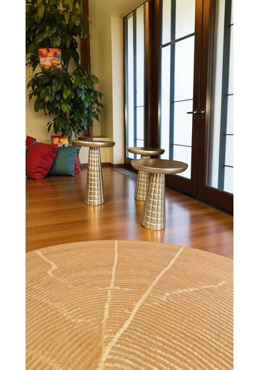 Altın Detaylı Ahşap Mantar Sehpa 3 Lü Takım Yan Sehpa Seti