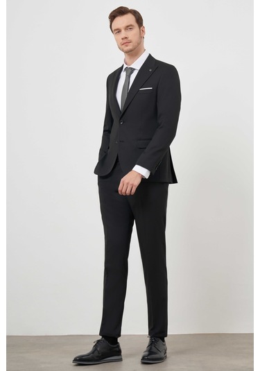 Morven Erkek Siyah Poliviskon Basic Jakar Desen Slim Fit Sivri Yaka Takım Elbise Siyah