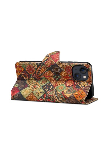 İphone Uyumlu 15 Plus Kılıf Çiçek Baskılı Pu Deri Cüzdan Kart Yuvaları Telefon Kılıfı