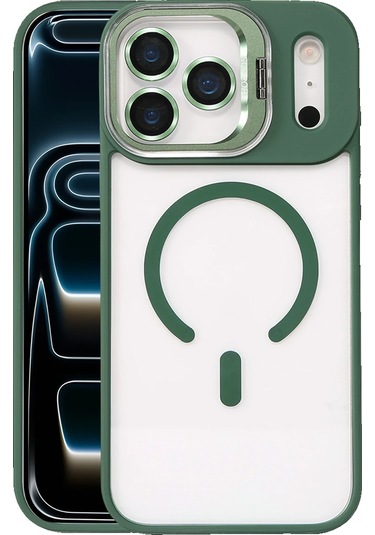 İphone 17 Pro Kılıf Remim Magsafe Lensli Kamera Standlı Kapak Koyu Yeşil
