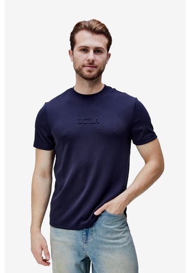 Canary Lacivert Bisiklet Yaka Gofre Baskılı Modal Kumaş Standard Fit Erkek Tshirt Siyah