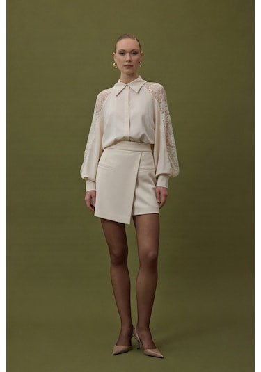 Sateen Talia Şort Etek - Bej-137064 Bej