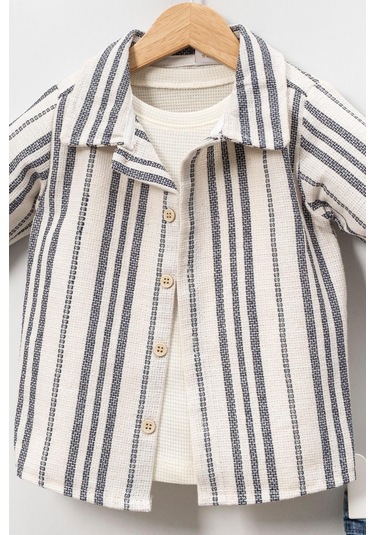 Yumuşak Doku Pamuklu Çizgi Detay Gömlekli Erkek Bebek Takım Mavi