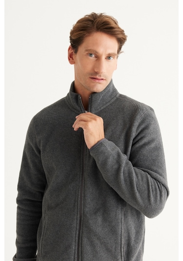 AC&Co / Altınyıldız Classics Standart Fit Fermuarlı Bato Yaka Polar Erkek Ceket Antrasit