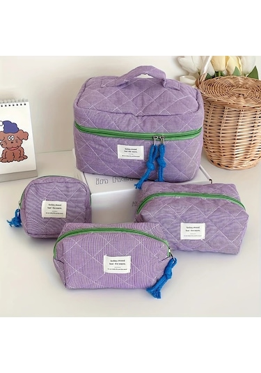 Fochsia Mavi Klasik Ekose Beş Parça Set Çanta Makyaj Çantası Kalemlik Coin Purse Ahşap