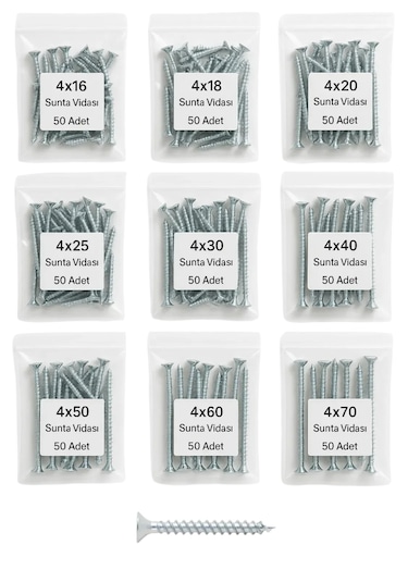 Ağaç Ve Sunta Vidası Seti 450 Vida / 9 Boy 16-70 Mm 4 Çap 4 MM
