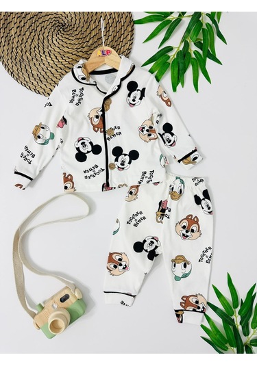 Mickey Önden Düğmeli Mevsimlik 2 Parça Pjama Takımı Kahverengi
