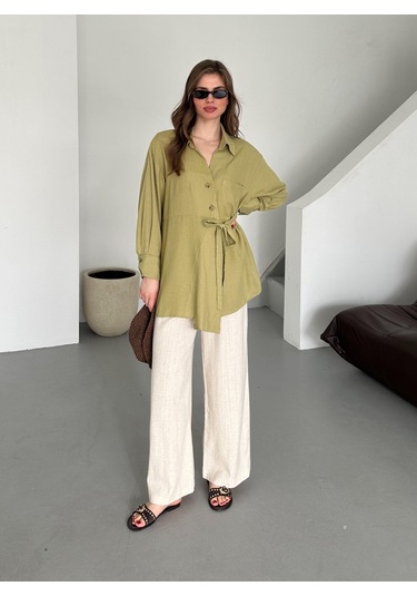 Haki %100 Pamuk Çapraz Düğmeli Beli Kemerli Gömlek Haki