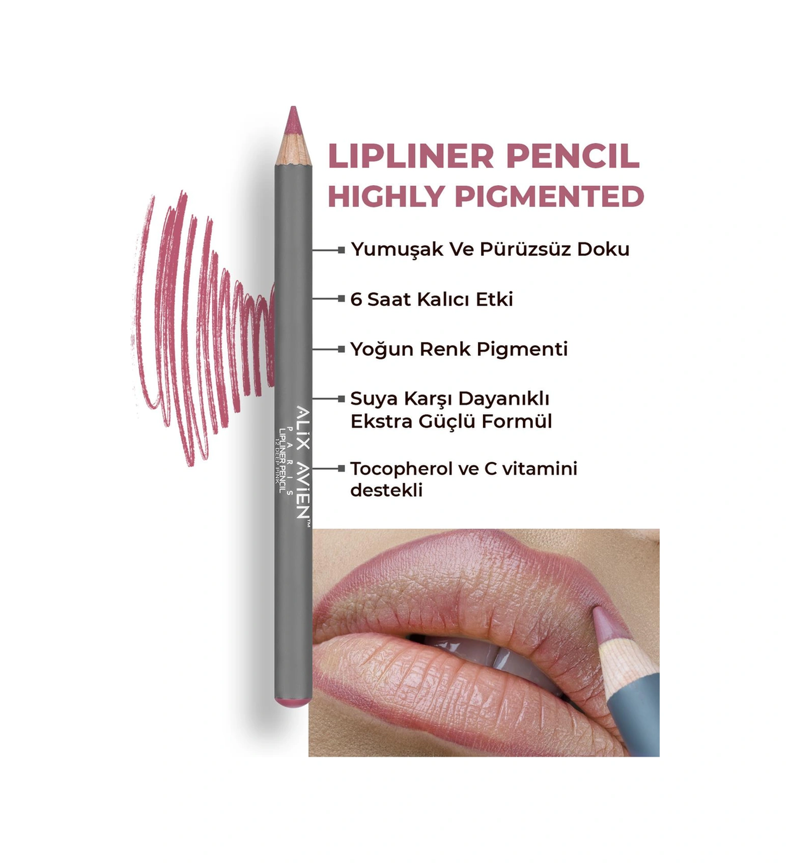 Alix Avien Uzun Süre Kalıcı Dağılma Yapmayan Nemlendirici Dudak Kalemi Lipliner Pencil 12 Deep Pink