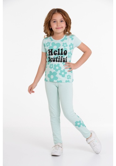 Açık Mavi Papatya Hello Beatiful Baskılı 4-12 Yaş Takım 2050-3 Açık Mavi