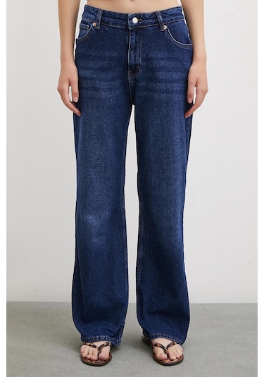 Yüksel Bel Wide Leg Jean Lacivert Lacivert