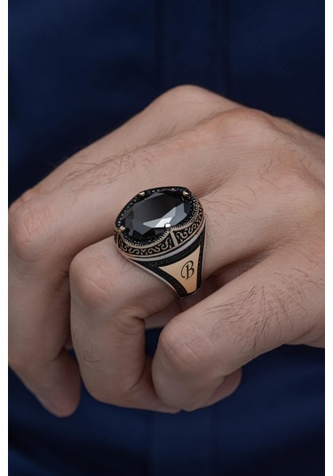 Yüzük Sanatı Oval Siyah Taşlı İsimli Harfli 925 Gümüş Erkek Yüzük