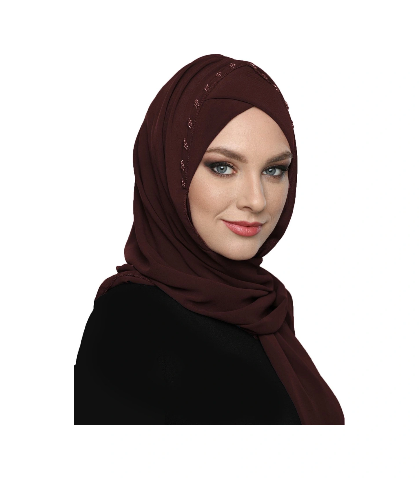 Şallı Takmatik Taşlı Kahve Hazır Türban Tesettür Bone Namaz Örtüsü Kahve