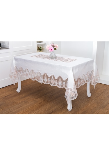 Finezza Sofia Lüx Dantelli Simli Keten Kumaş Krem Masa Örtüsü 160x220 Cm 1475