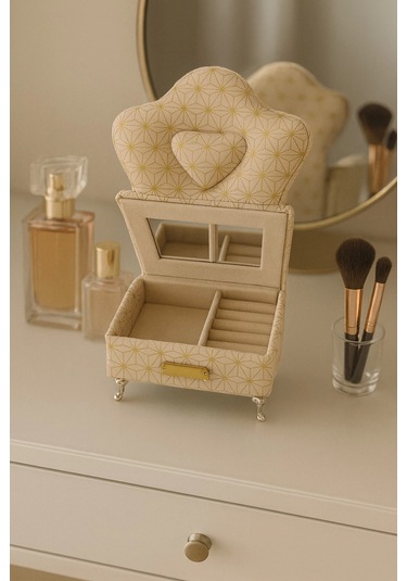 Berjer Figürlü Kadife Desenli Takı Bijuteri Mücevher Kutusu Biblo 15cm Krem İthal Ürün