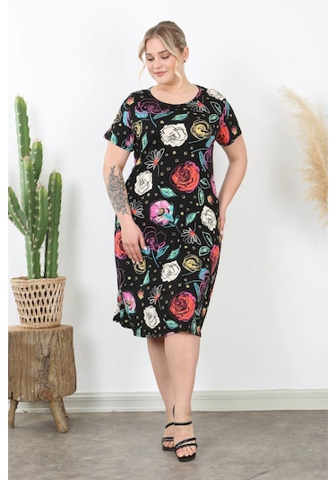 Kadın Siyah Çok Renkli Çiçek Desen Midi Elbise Siyah