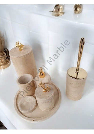 Sarı Traverten Klasik Model 7 Parça Gold Renk Mercan Aksesuarlı Banyo Seti Sarı Traverten
