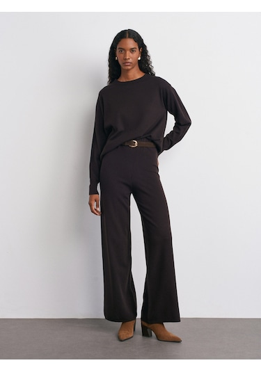 Dilvin 70163 Beli Lastikli Yünlü Triko Pantolon-koyu Kahve Koyu Kahve