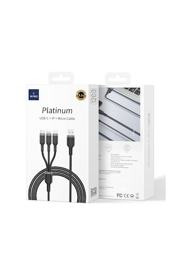 Wiwu Wi-C014 Platinum Serisi 3 in1 1.2 M USB-A to Lightning Type-C – Micro Şarj Data Kablosu
