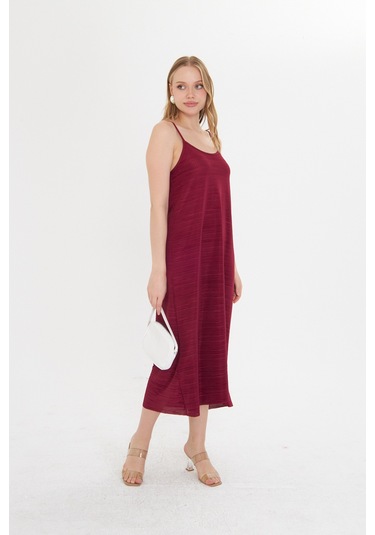 Gülkurusu Kadın Askılı Piliseli Elbise Bordo