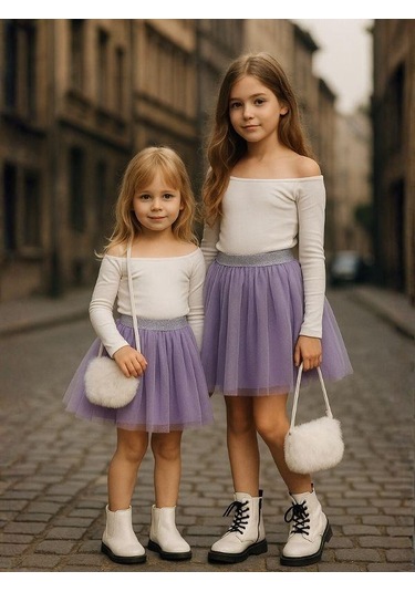 Kız Çocuk Beli Lastikli Tütü Etek-16227 Lila