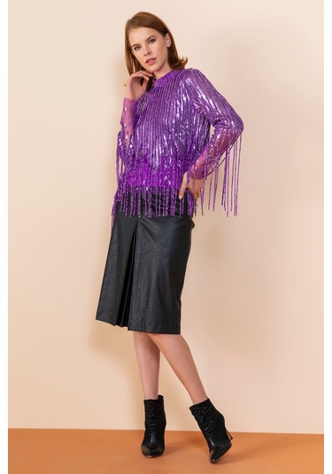 Sequin Detaylı Şık Bluz Zarif Taş Ve Püskül Detaylarıyla Modern Tasarım Mor