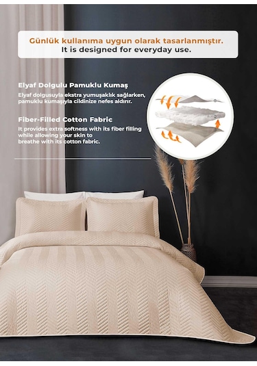 Evlen Home Ross %100 Pamuk Tek Kişilik Yatak Örtüsü Pike Takımı Kapitone Çizgili Günlük Yıkanabilir Bej Bej