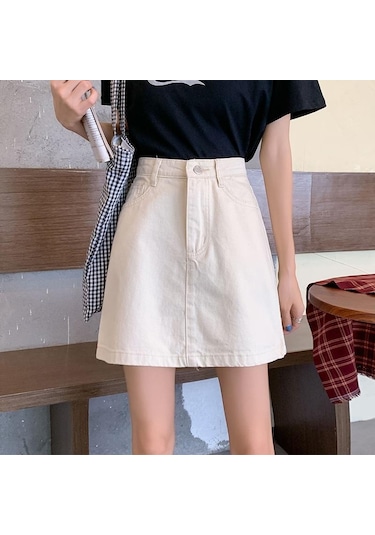 Yaz Yüksek Bel A Hattı Düğmeli Kot Etek Mini Siyah Beyaz Slim Fit Kot Etek Beyaz