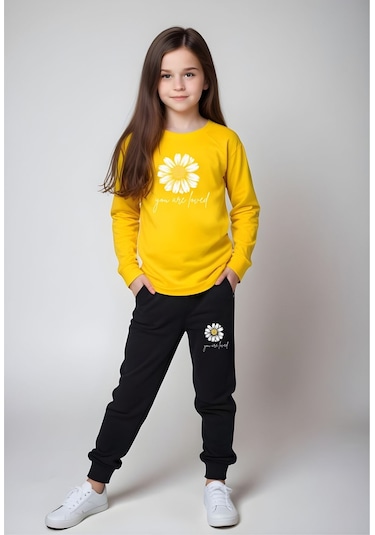 Fyk Kids Bel Detayı Lastikli Baskılı Kız Çocuk Alt-üst Takım Sarı