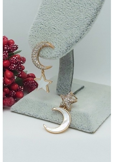 Rose Altın Kaplama Vip Seri Sedefli Ay Yıldız Küpe 2,4 cm Rose Gold
