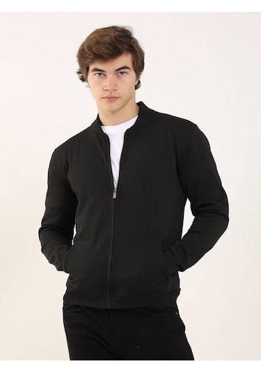 Dufy Siyah Erkek Slim Fit Bomber Yaka Triko - 96352 Siyah
