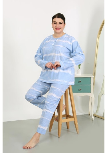 Akbeniz Kadın Büyük Beden Uzun Kol Penye Pijama Takımı Mavi 202502 Mavi