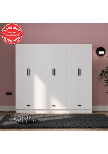 İnci 6 Kapak 3 Çekmeceli Gardırop %100 Mdf