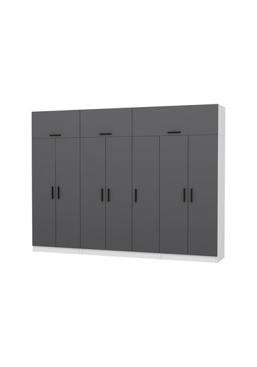 Minar Kale 7 Kapaklı 2 Çekmeceli Dolap Ve Yüklük Beyaz Antrasit 255cm Çok Renkli