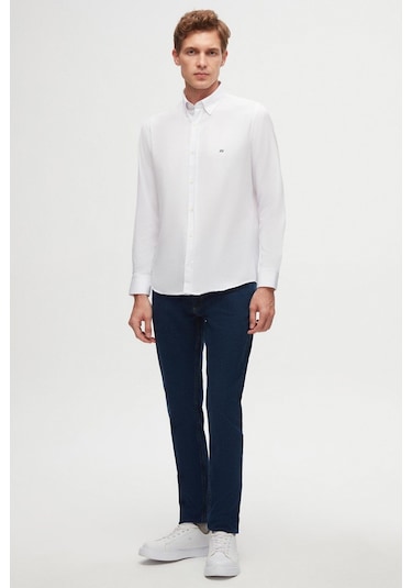 Ds Damat Slim Fit Beyaz Oxford Düğmeli Yaka Kolay Ütülenebilir Nakış Detaylı Pamuklu Gömlek 4HC02ORT03265 Beyaz