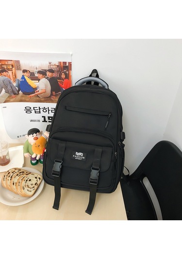 Globalpurchase Okul Çantası Kontrast Vintage Öğrenci Sırt Çantası Preppy Sırt Çantası - Kolye İle Siyah Siyah