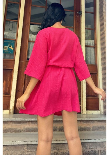 Fuşya Yaka Detaylı Kloş Elbise Fuşya