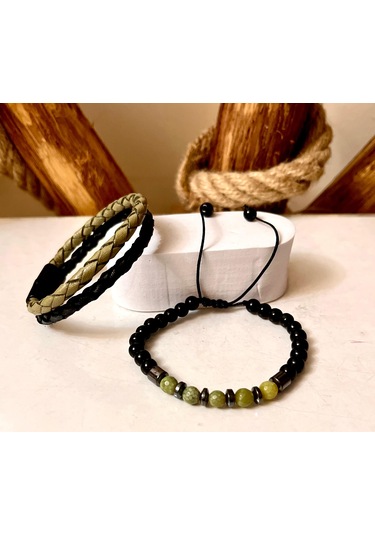 %100 Deri&hematit Kombinli 3lü Erkek Bileklik Set 21 Cm Türk El