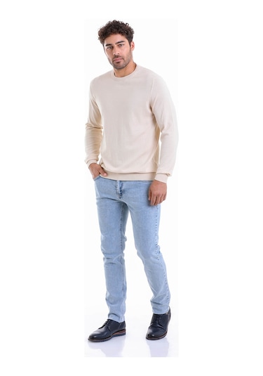 Hatemoğlu Erkek Regular Fit Düz Bisiklet Yaka Pamuklu Triko Kazak Bej Bej - Beyaz