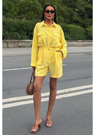 Gömlek Ve Şort Flamlı Keten Takım 10130 Altın