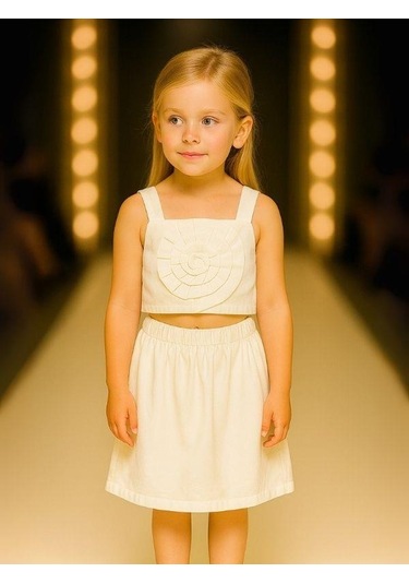 Kız Çocuk Crop Dokuma Çiçekli Etek Takım-15966 Beyaz