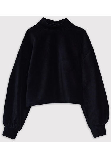 Kids Girl Dik Yaka Kadife Siyah Sweatshirt Siyah