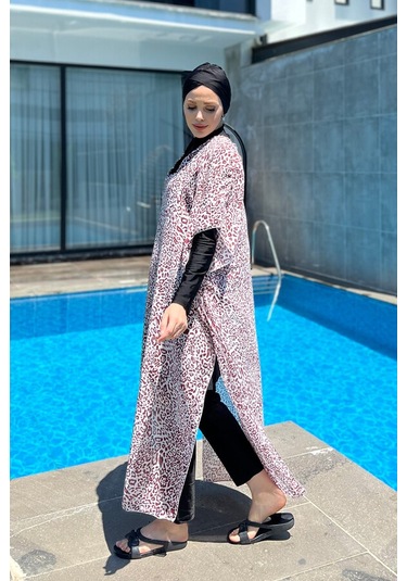 Remsa Mayo Üzerine Kaftan Pareo 430-217 Leopar Bordo Bordo