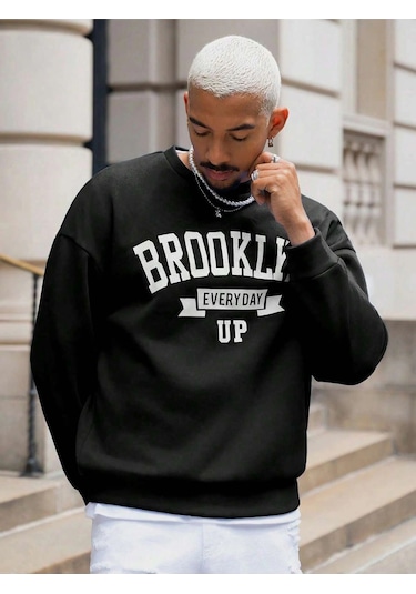Adrift Coko Serisi Manfinity Sporsity Letter Graphic Drop Shoulder Sweatshirt Siyah