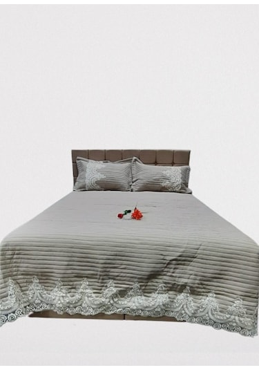 Yatak Örtüsü Zümrüt Çift Kişilik Dantelli Krem %80 Pamuk El Yapım Açık Kahverengi