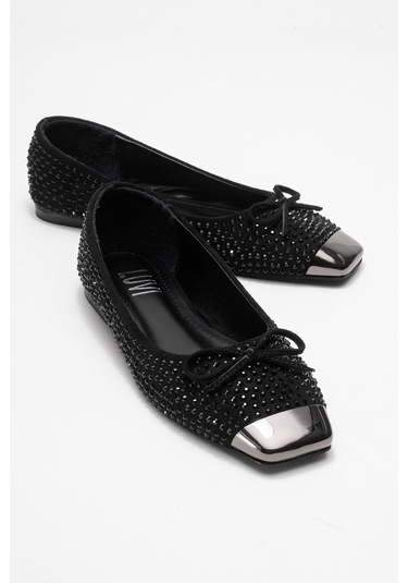 Abra Siyah Süet Taşlı Fiyonklu Kadın Babet Ayakkabı Siyah Süet