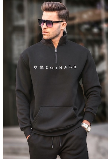 Madmext Siyah Fermuar Yaka Nakışlı Sweatshirt 6028-siyah Siyah