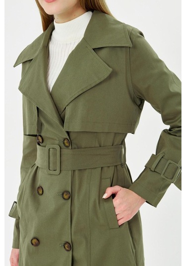 Pastelastore Esnek Pamuk Gabardin Midi 95cm Astarsız Kadın Trençkot 1118 Haki Yeşil