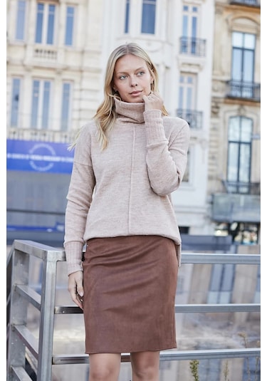 Kadın Hafif Likralı Süet Kumaş Yüksek Bel Diz Üstü Kalem Etek-taba Taba