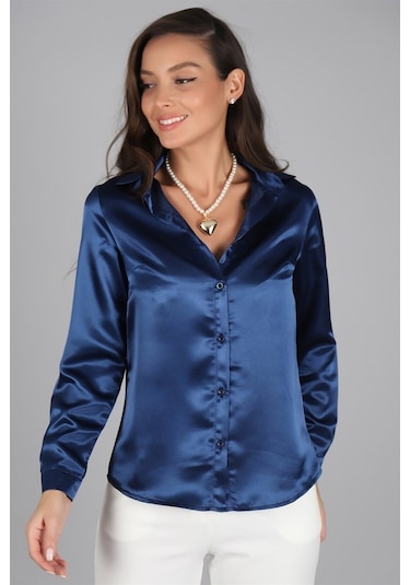 Sweetness Kadın Lacivert Saten Gömlek Lacivert
